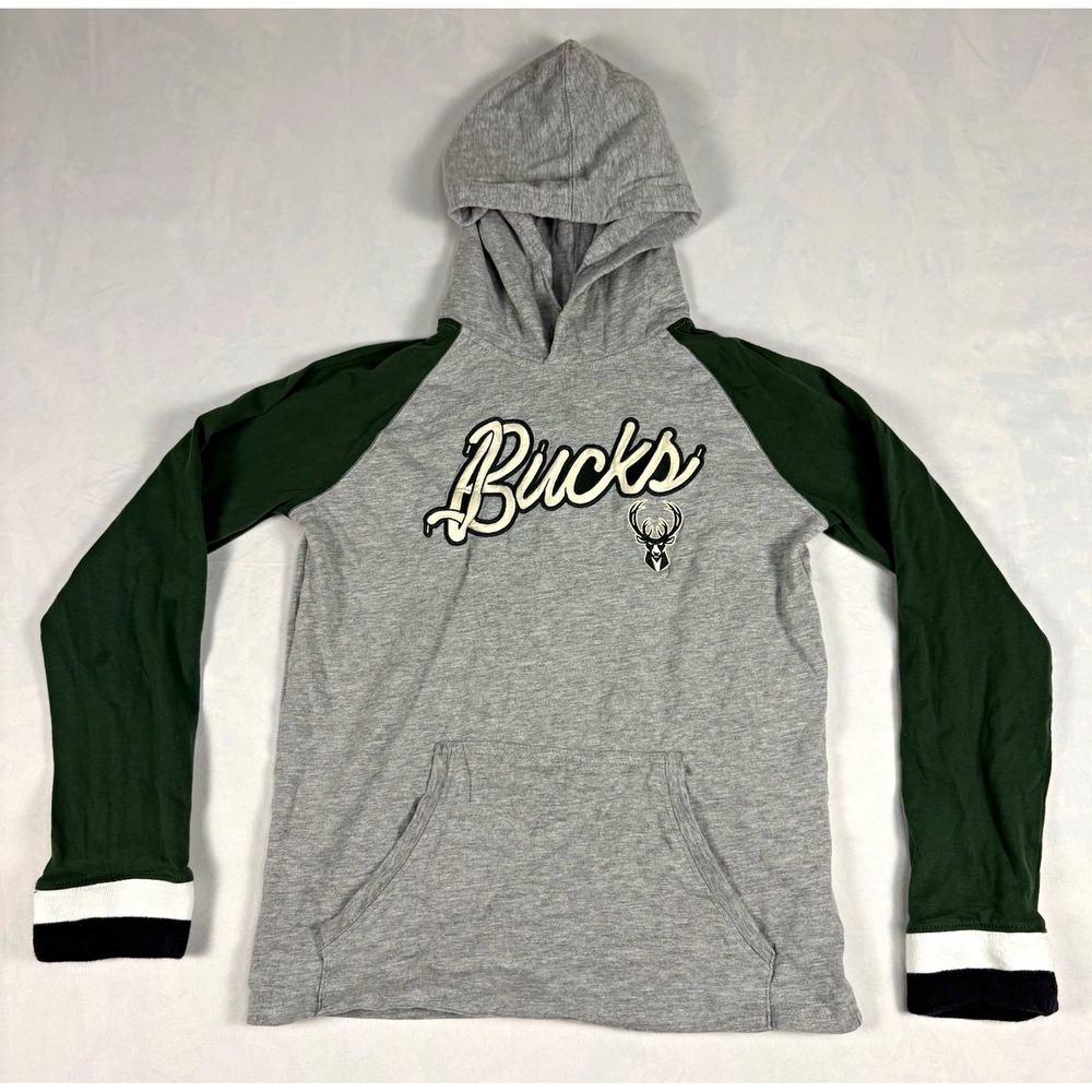 Milwaukee Bucks Youth Hoodie Medium 10/12 Gray Green Raglan Lightweight NBA Kids